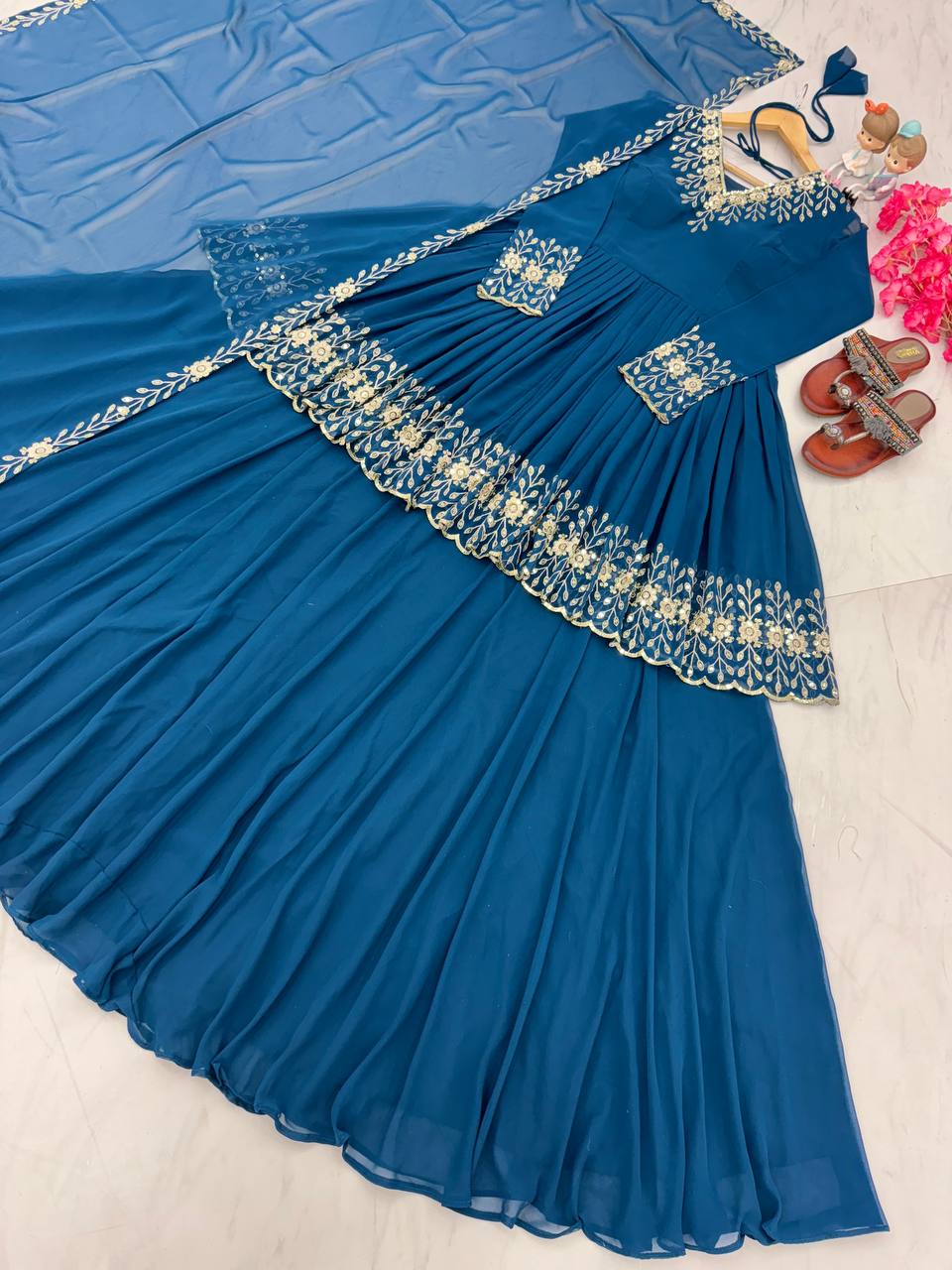 Blue Designer Party Wear Top with Lehenga & Dupatta Set - Sequin Embroidery and Tassel Accents