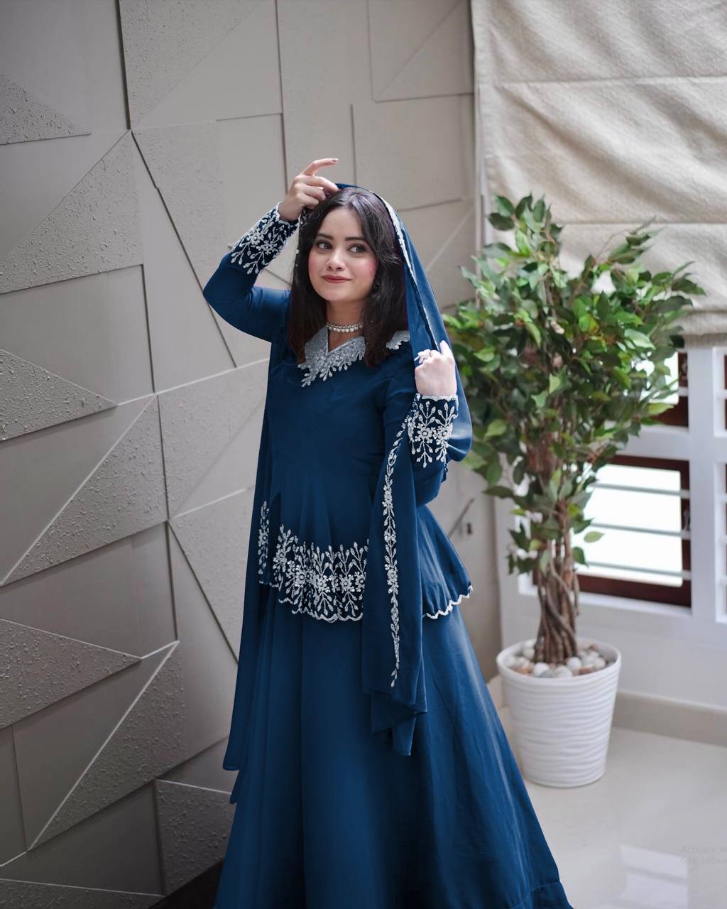 Blue Designer Party Wear Top with Lehenga & Dupatta Set - Sequin Embroidery and Tassel Accents