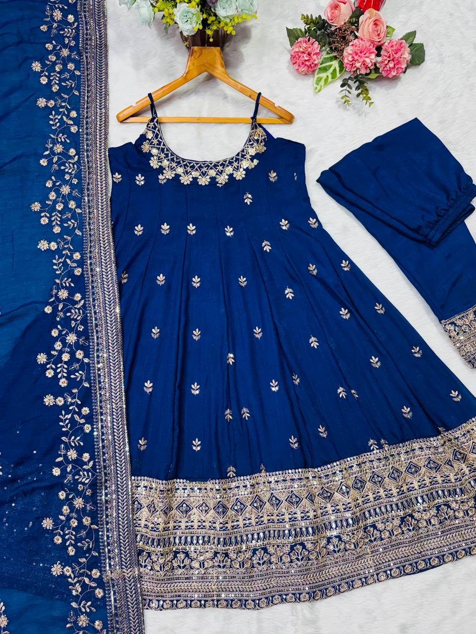 Blue Designer Vichitra Silk Gown Set with Zari-Coding, Sequin Embroidery & Dori Latkan – Premium 3-Piece Stitched Ensemble