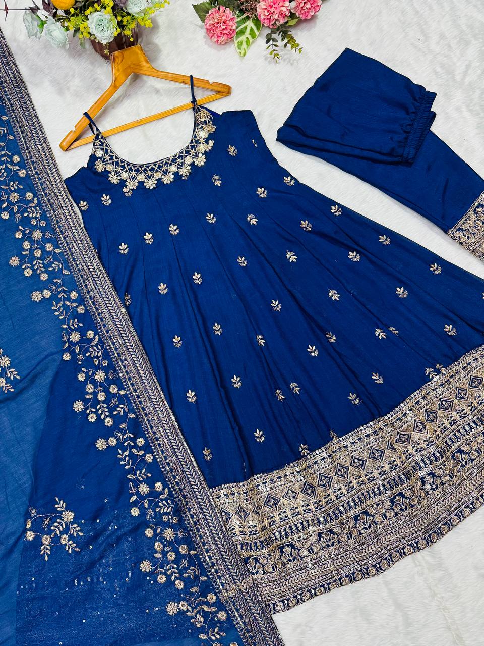 Blue Designer Vichitra Silk Gown Set with Zari-Coding, Sequin Embroidery & Dori Latkan – Premium 3-Piece Stitched Ensemble
