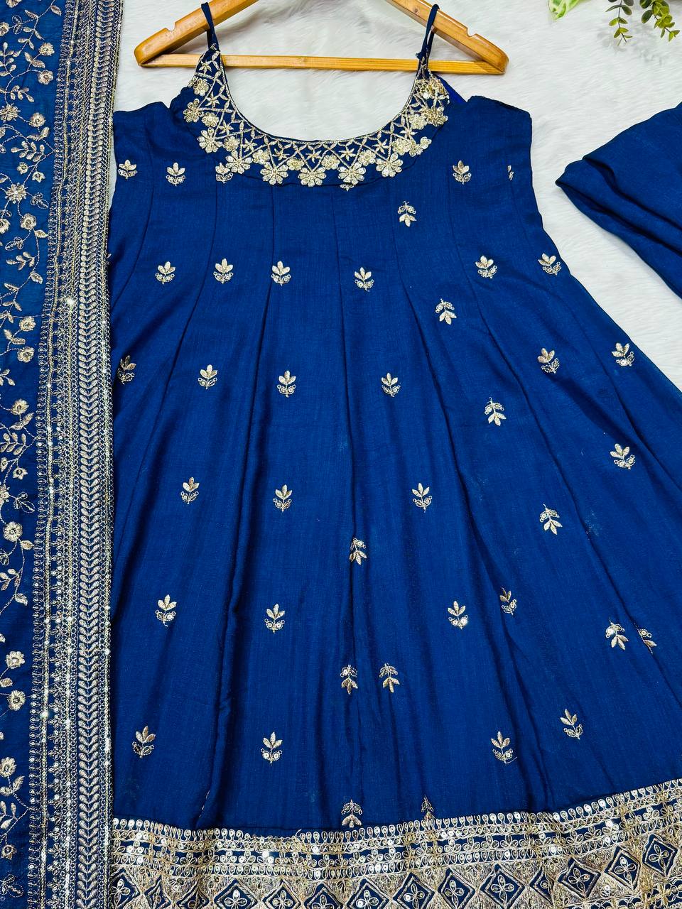 Blue Designer Vichitra Silk Gown Set with Zari-Coding, Sequin Embroidery & Dori Latkan – Premium 3-Piece Stitched Ensemble