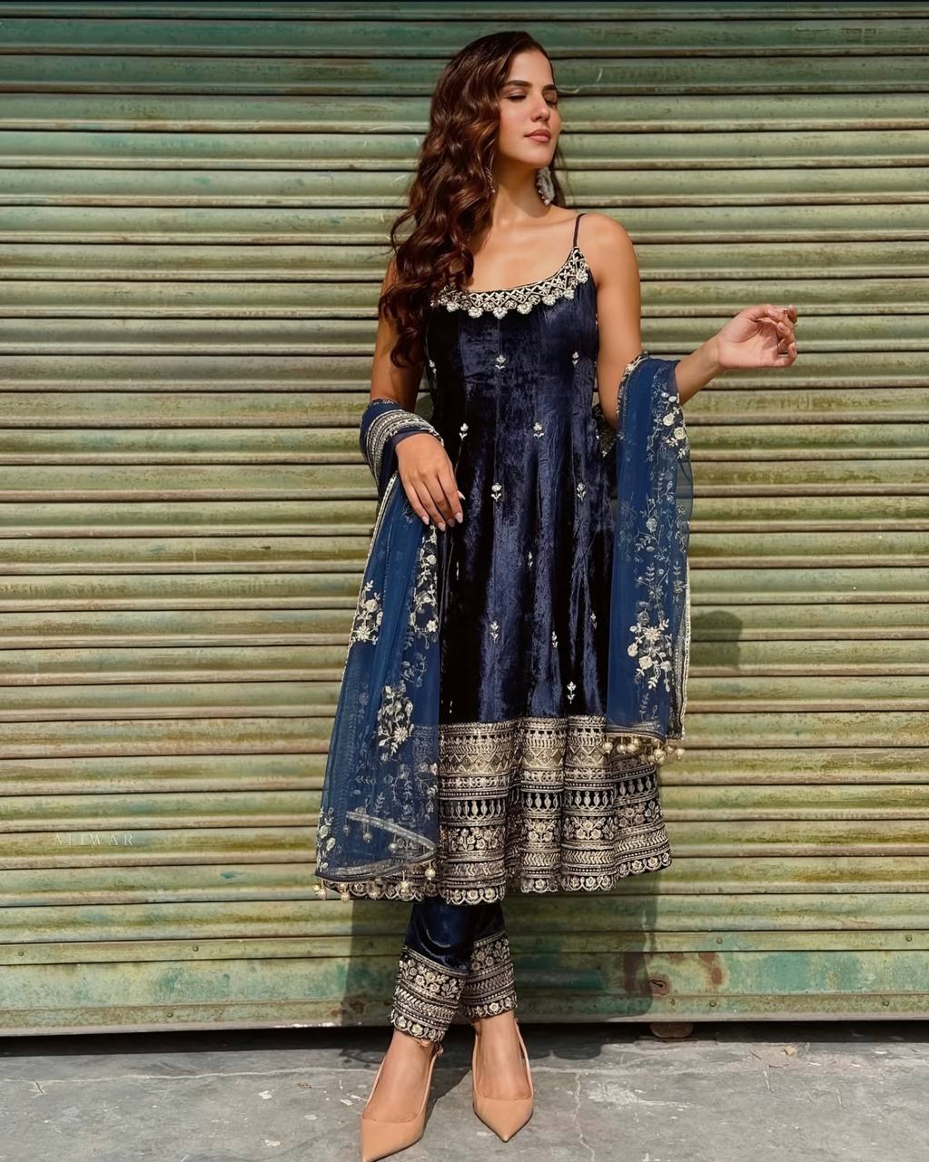 Blue Designer Vichitra Silk Gown Set with Zari-Coding, Sequin Embroidery & Dori Latkan – Premium 3-Piece Stitched Ensemble