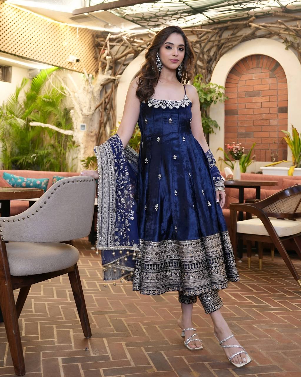 Blue Designer Vichitra Silk Gown Set with Zari-Coding, Sequin Embroidery & Dori Latkan – Premium 3-Piece Stitched Ensemble