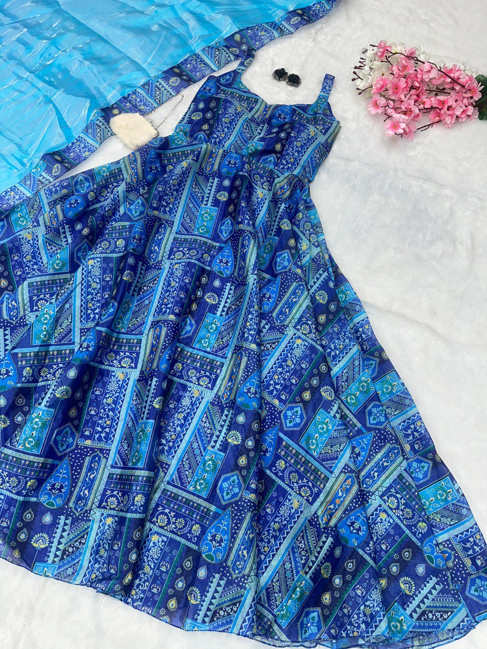 Blue Elegant Anarkali Gown with Jimmy Organza Dupatta