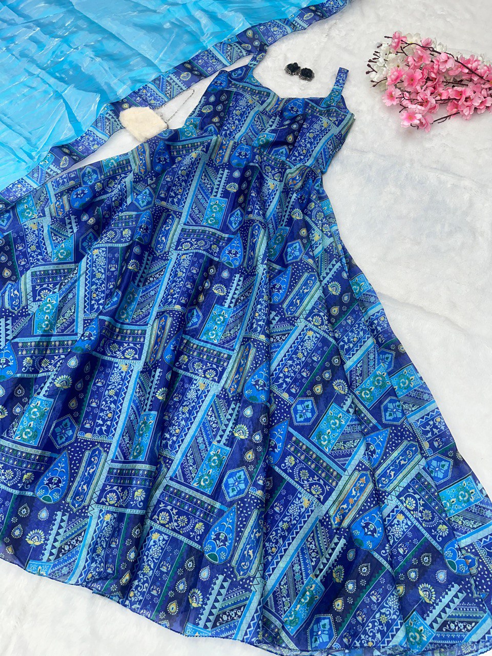 Blue Elegant Anarkali Gown with Jimmy Organza Dupatta