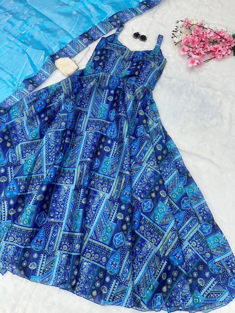Blue Elegant Anarkali Gown with Jimmy Organza Dupatta