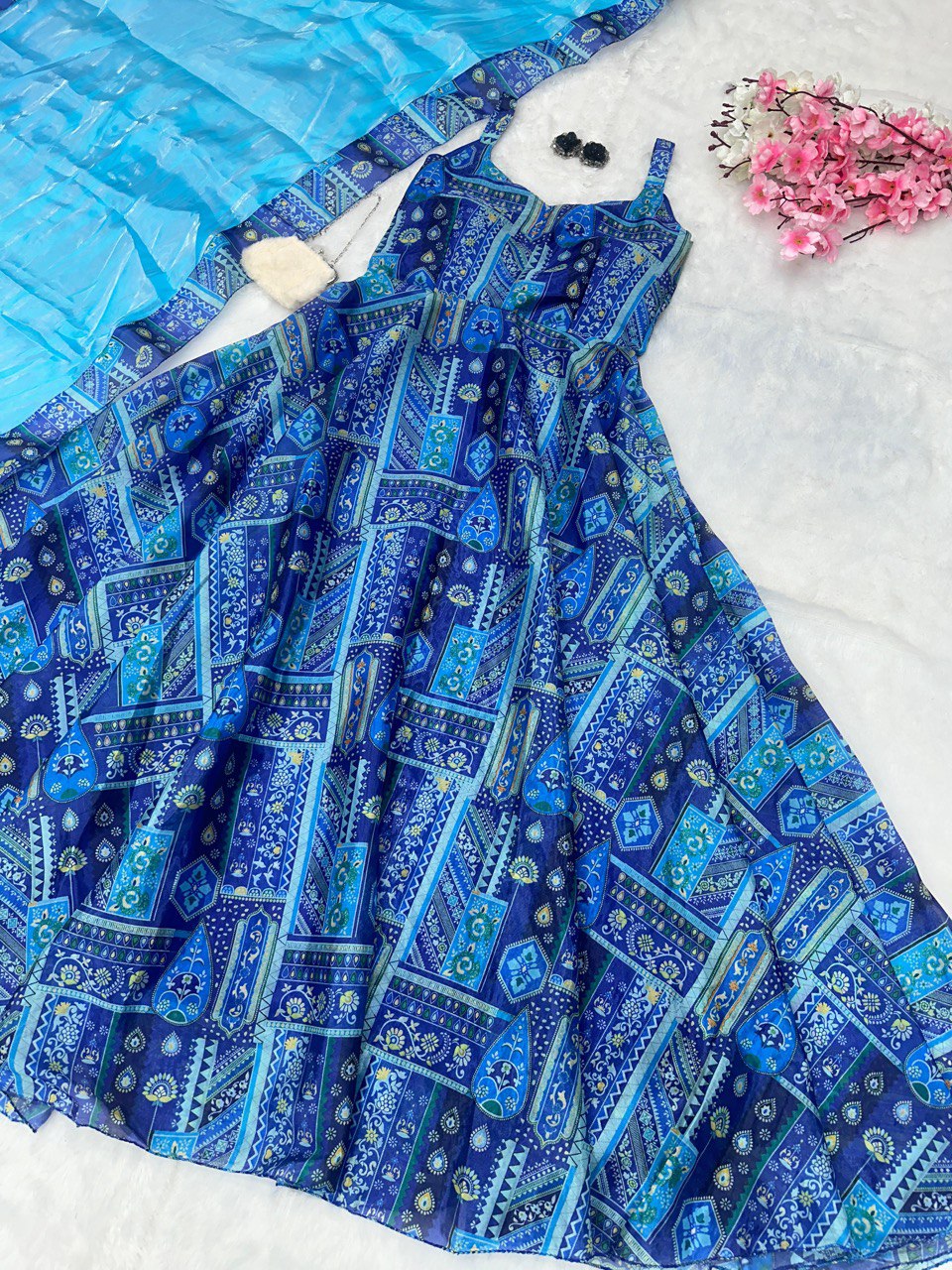 Blue Elegant Anarkali Gown with Jimmy Organza Dupatta