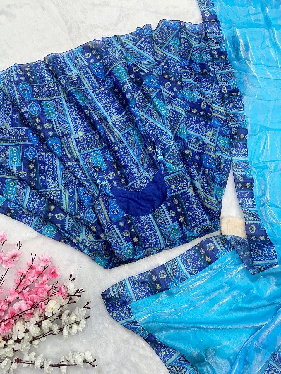Blue Elegant Anarkali Gown with Jimmy Organza Dupatta