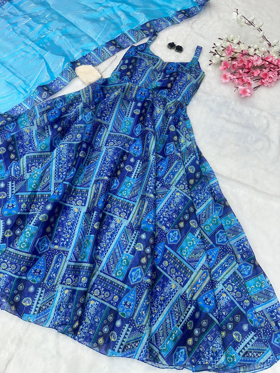 Blue Elegant Anarkali Gown with Jimmy Organza Dupatta