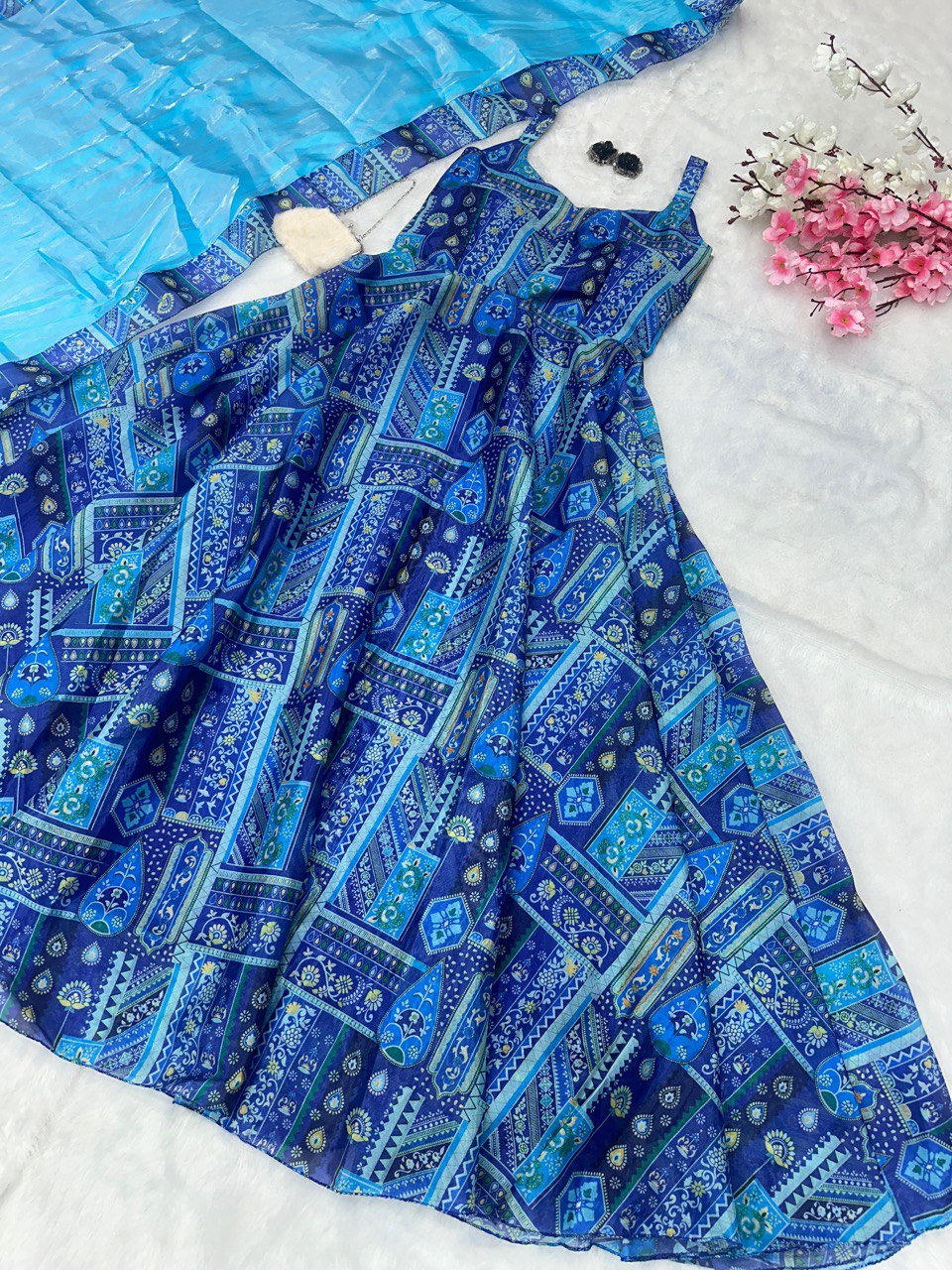 Blue Elegant Anarkali Gown with Jimmy Organza Dupatta