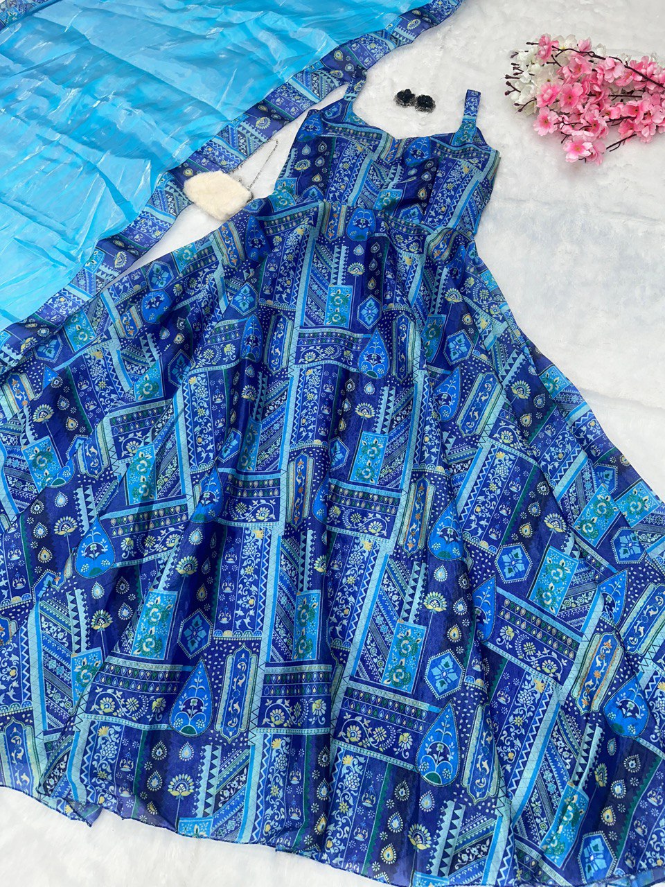Blue Elegant Anarkali Gown with Jimmy Organza Dupatta