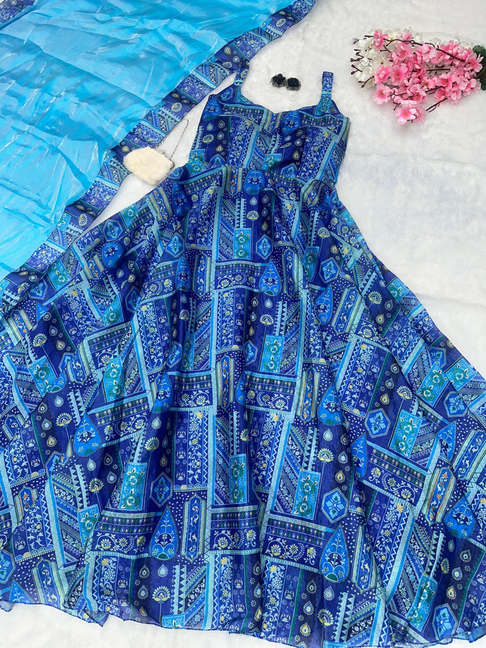 Blue Elegant Anarkali Gown with Jimmy Organza Dupatta