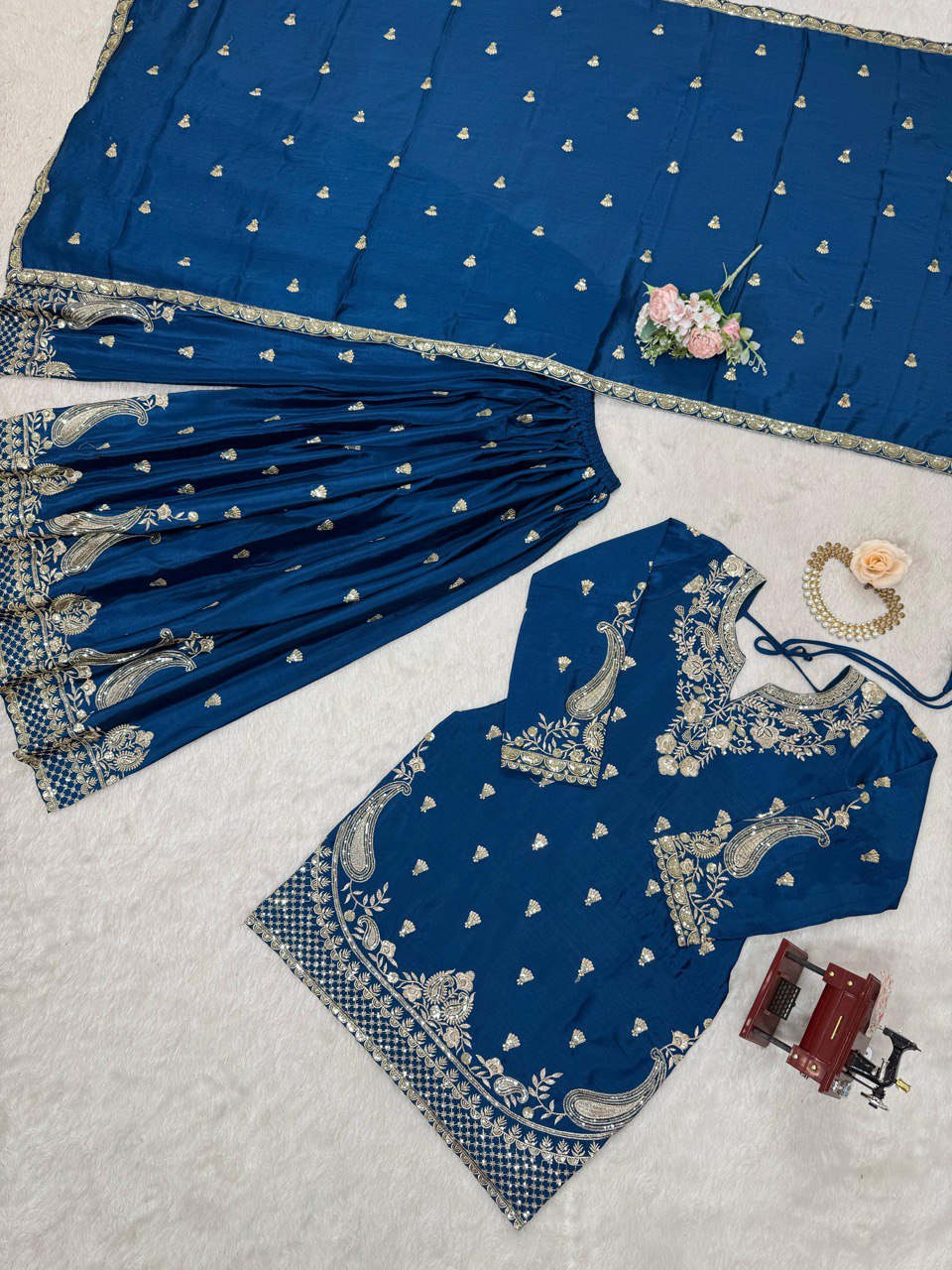 Blue Elegant Chinon Silk 3-Piece Suit Set with Sequin Embroidery & Lace Border Dupatta