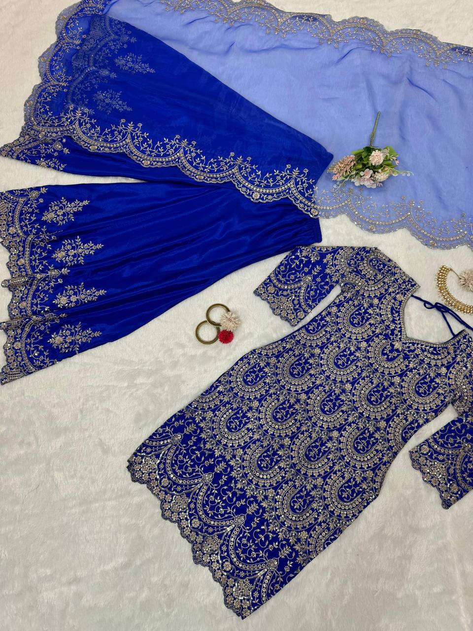 Blue Elegant Chinon Silk Plazo Set with Organza Dupatta
