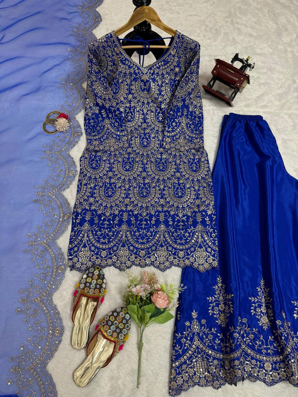 Blue Elegant Chinon Silk Plazo Set with Organza Dupatta