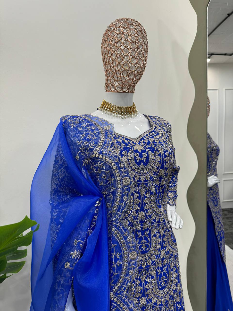 Blue Elegant Chinon Silk Plazo Set with Organza Dupatta