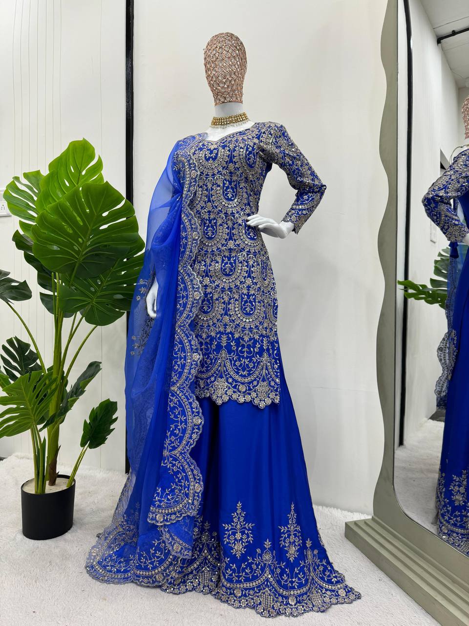 Blue Elegant Chinon Silk Plazo Set with Organza Dupatta