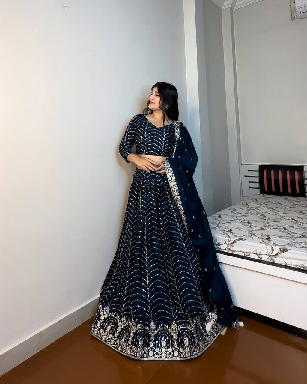 Blue Elegant Designer Lehenga-Choli Set with Embroidery & Sequence Work