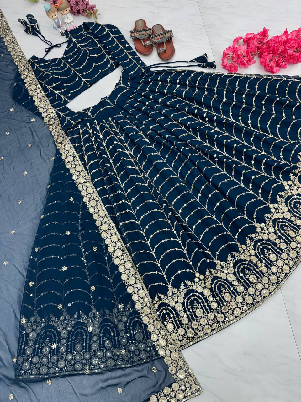 Blue Elegant Designer Lehenga-Choli Set with Embroidery & Sequence Work
