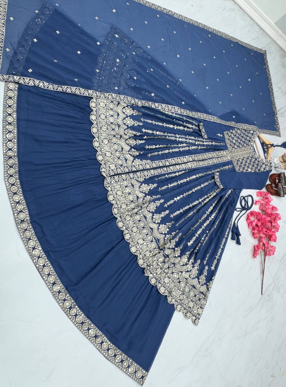 Blue Elegant Designer Party Wear Heavy Faux Georgette Lehenga, Top & Dupatta Set