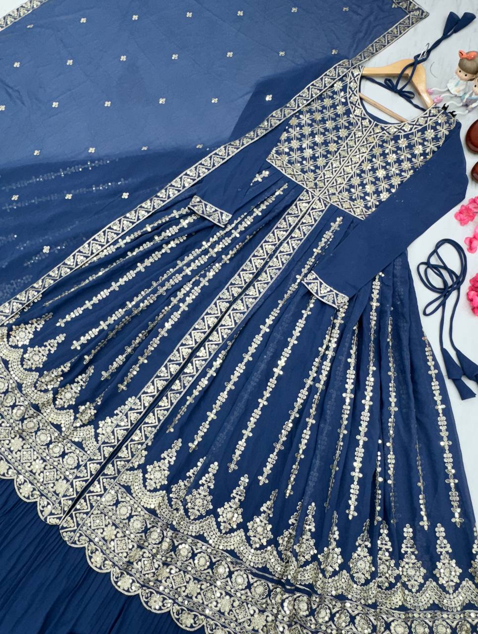 Blue Elegant Designer Party Wear Heavy Faux Georgette Lehenga, Top & Dupatta Set