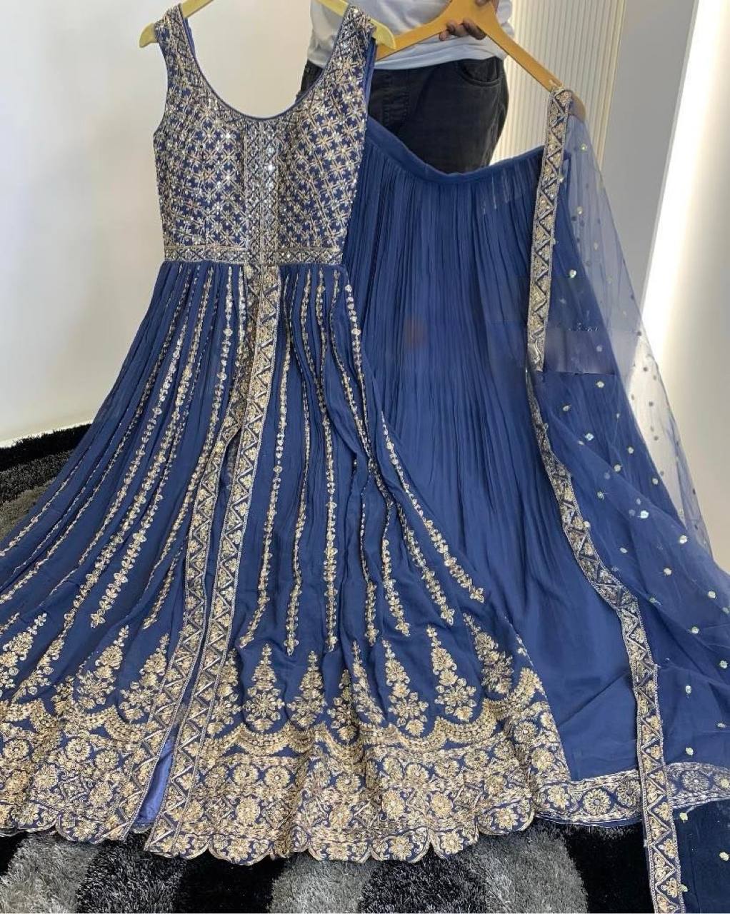 Blue Elegant Designer Party Wear Heavy Faux Georgette Lehenga, Top & Dupatta Set
