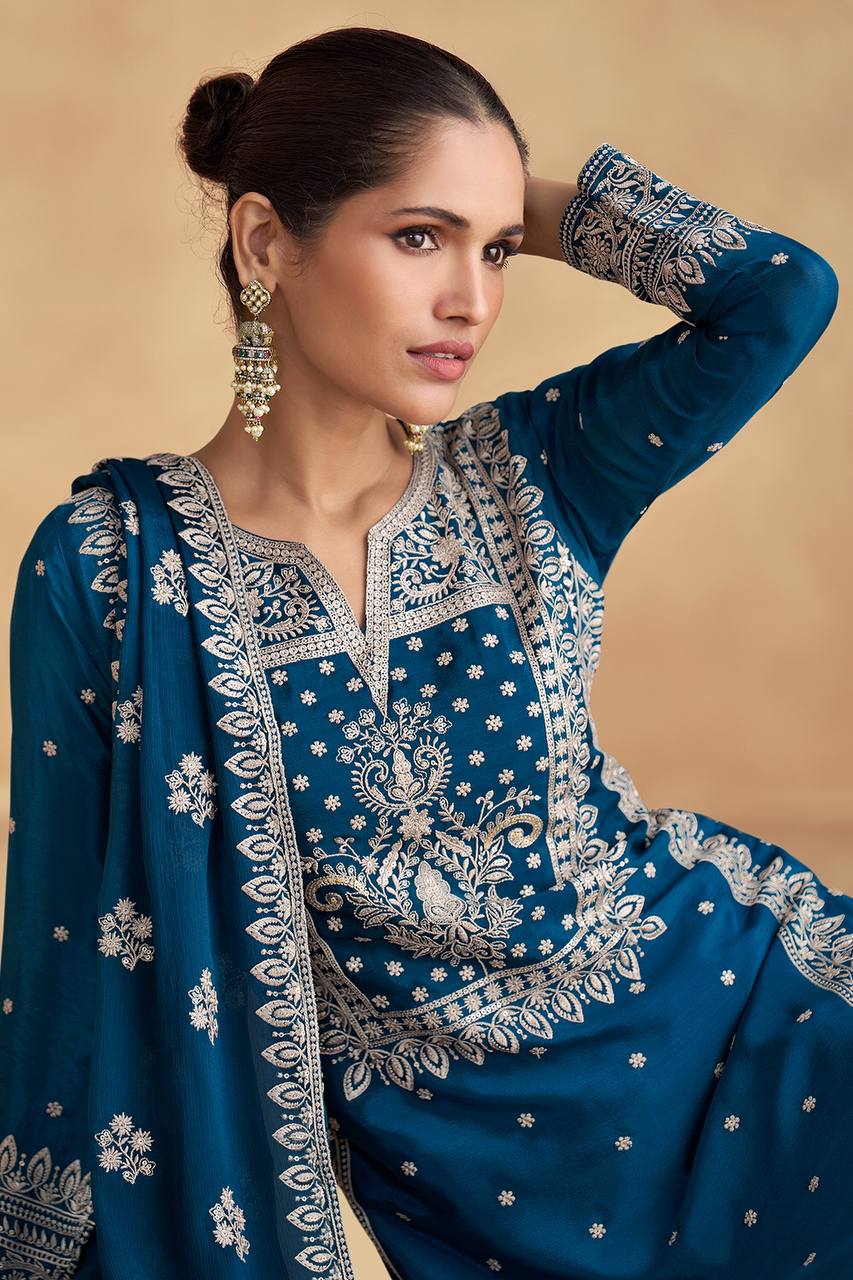 Blue Elegant Embroidered Chinon Suit Set – Full Stitched