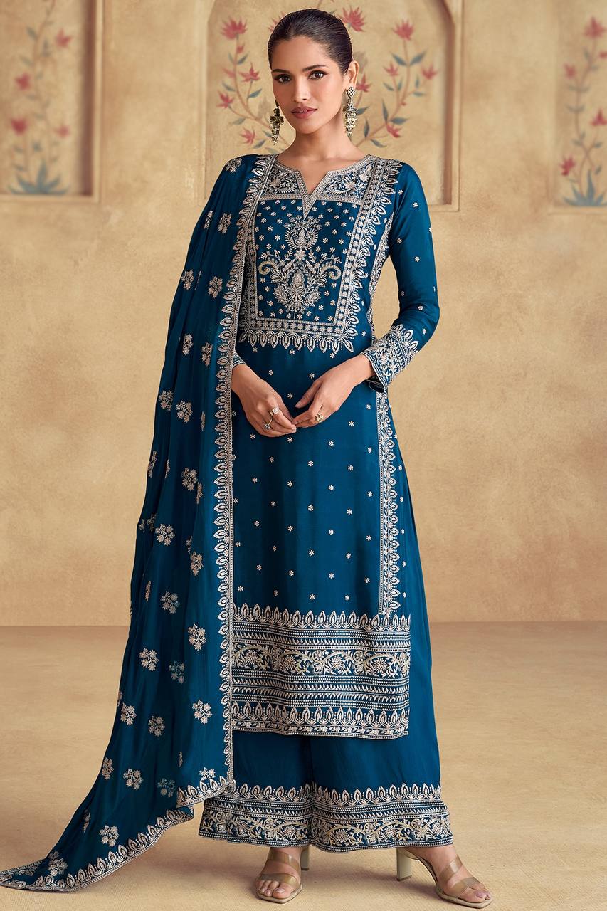 Blue Elegant Embroidered Chinon Suit Set – Full Stitched