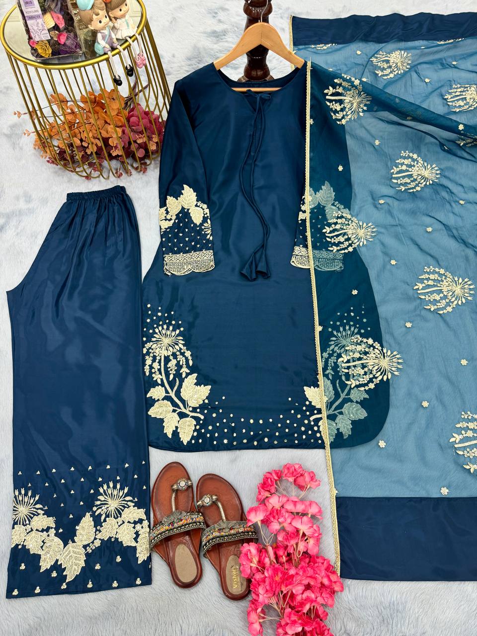 Blue Elegant Embroidered Crepe Palazzo Set with Dupatta