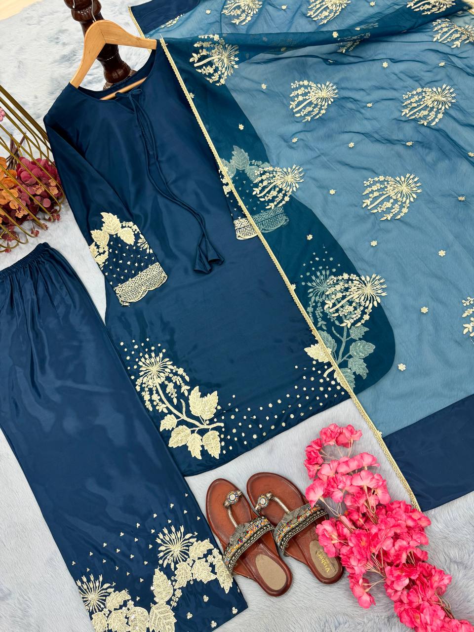 Blue Elegant Embroidered Crepe Palazzo Set with Dupatta