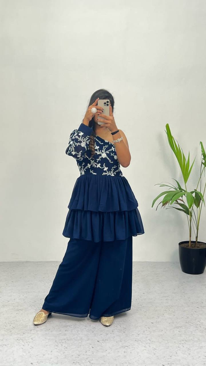 Blue Elegant Embroidered Georgette Top & Palazzo Set – Chic & Classy!
