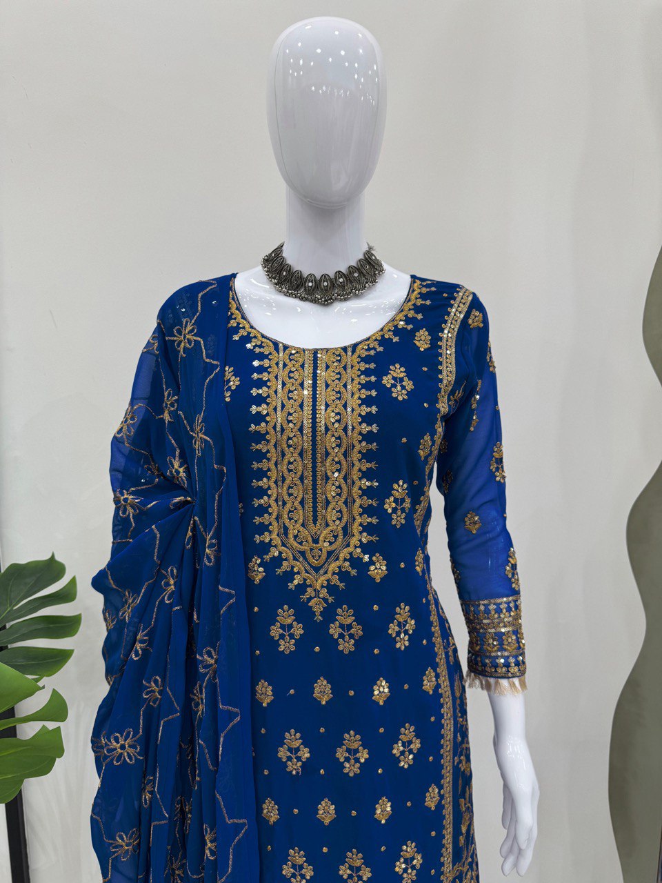 Blue Elegant Faux Georgette Embroidered Plazo Set
