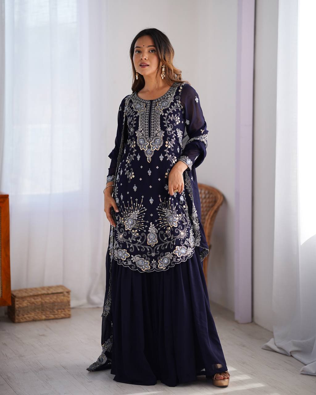 Blue Elegant Faux Georgette Sharara Set