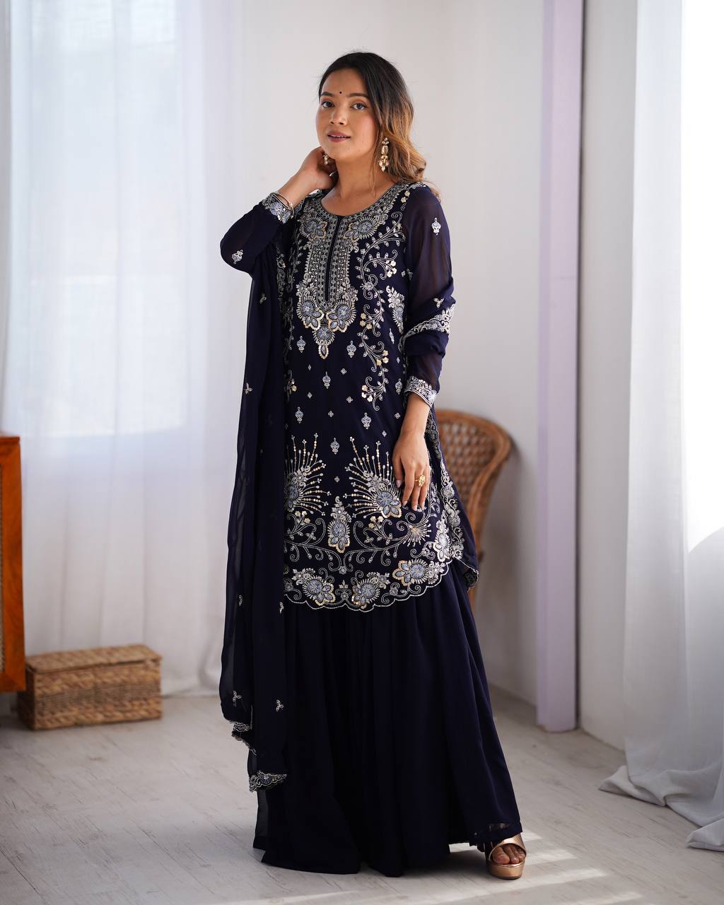 Blue Elegant Faux Georgette Sharara Set