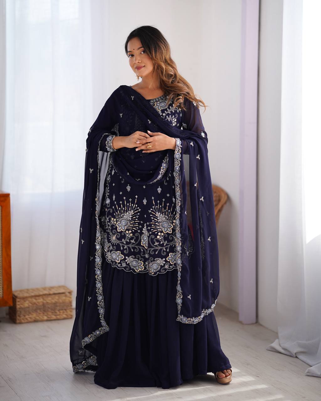 Blue Elegant Faux Georgette Sharara Set