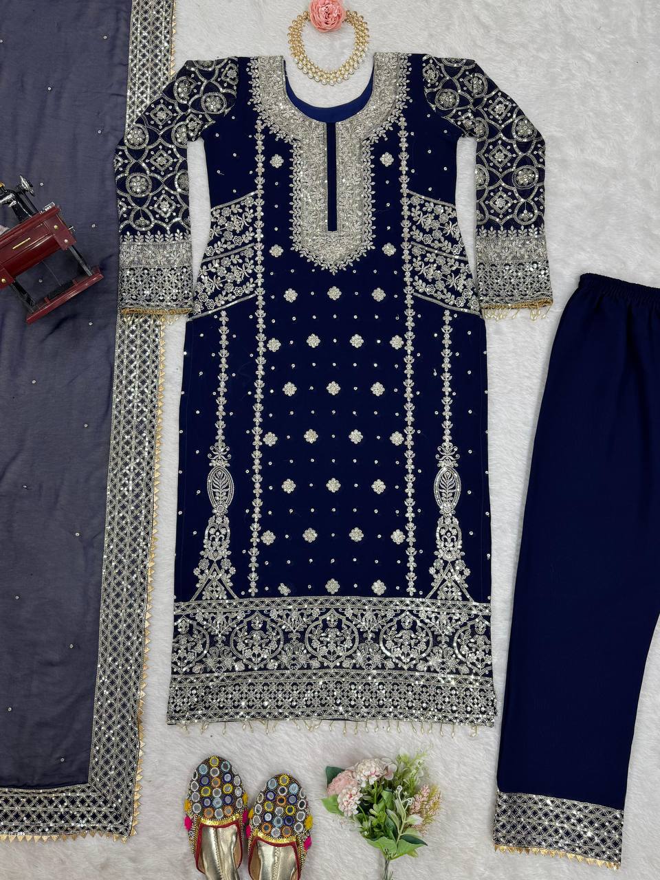 Blue Elegant Faux Georgette Thread & Sequin Embroidered Suit Set