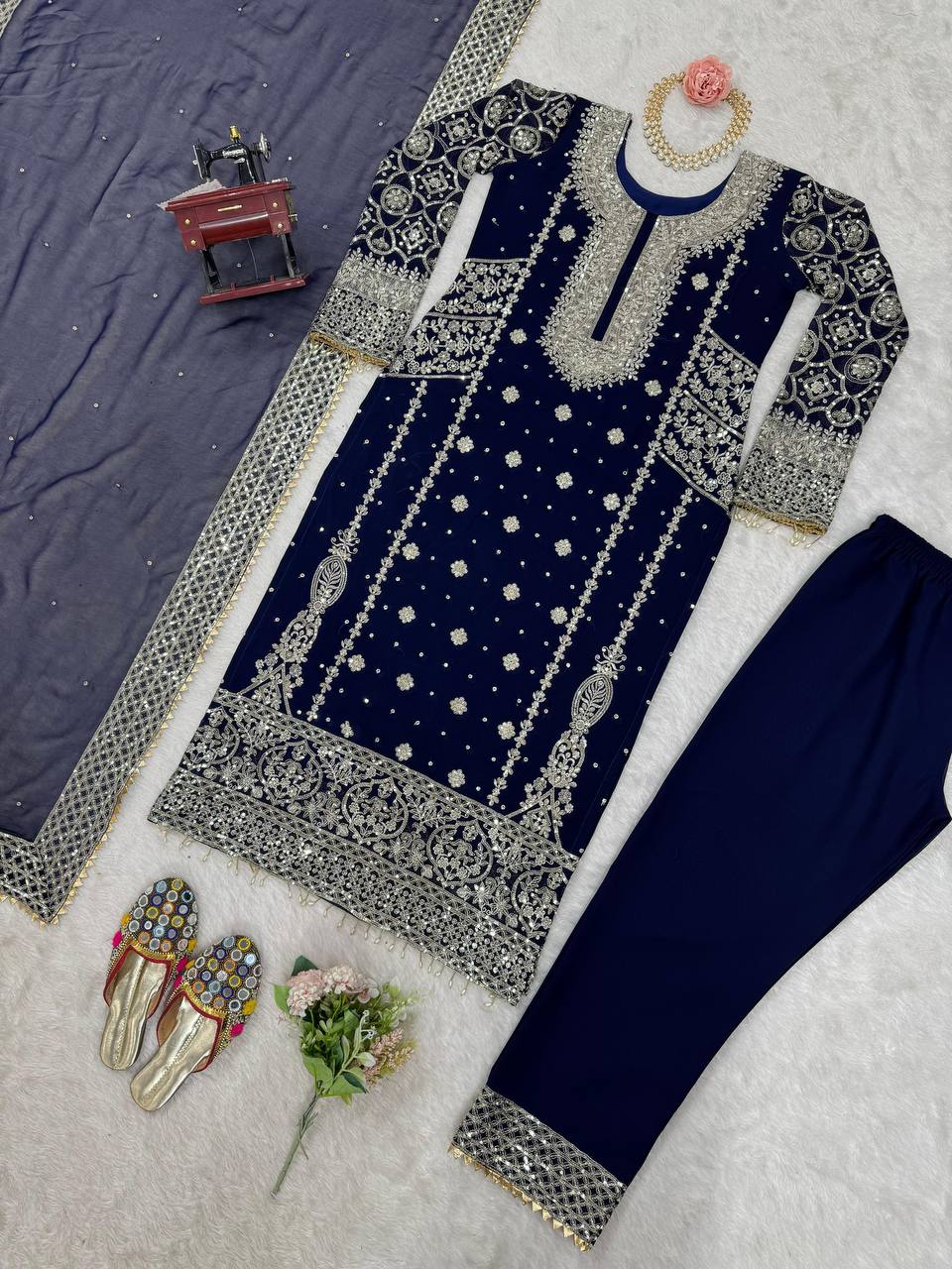 Blue Elegant Faux Georgette Thread & Sequin Embroidered Suit Set