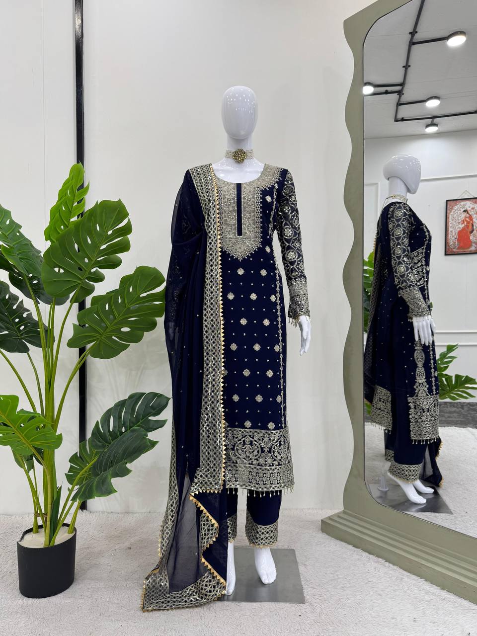 Blue Elegant Faux Georgette Thread & Sequin Embroidered Suit Set