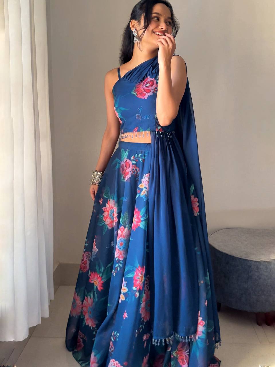 Blue Elegant Floral Draped Lehenga Set