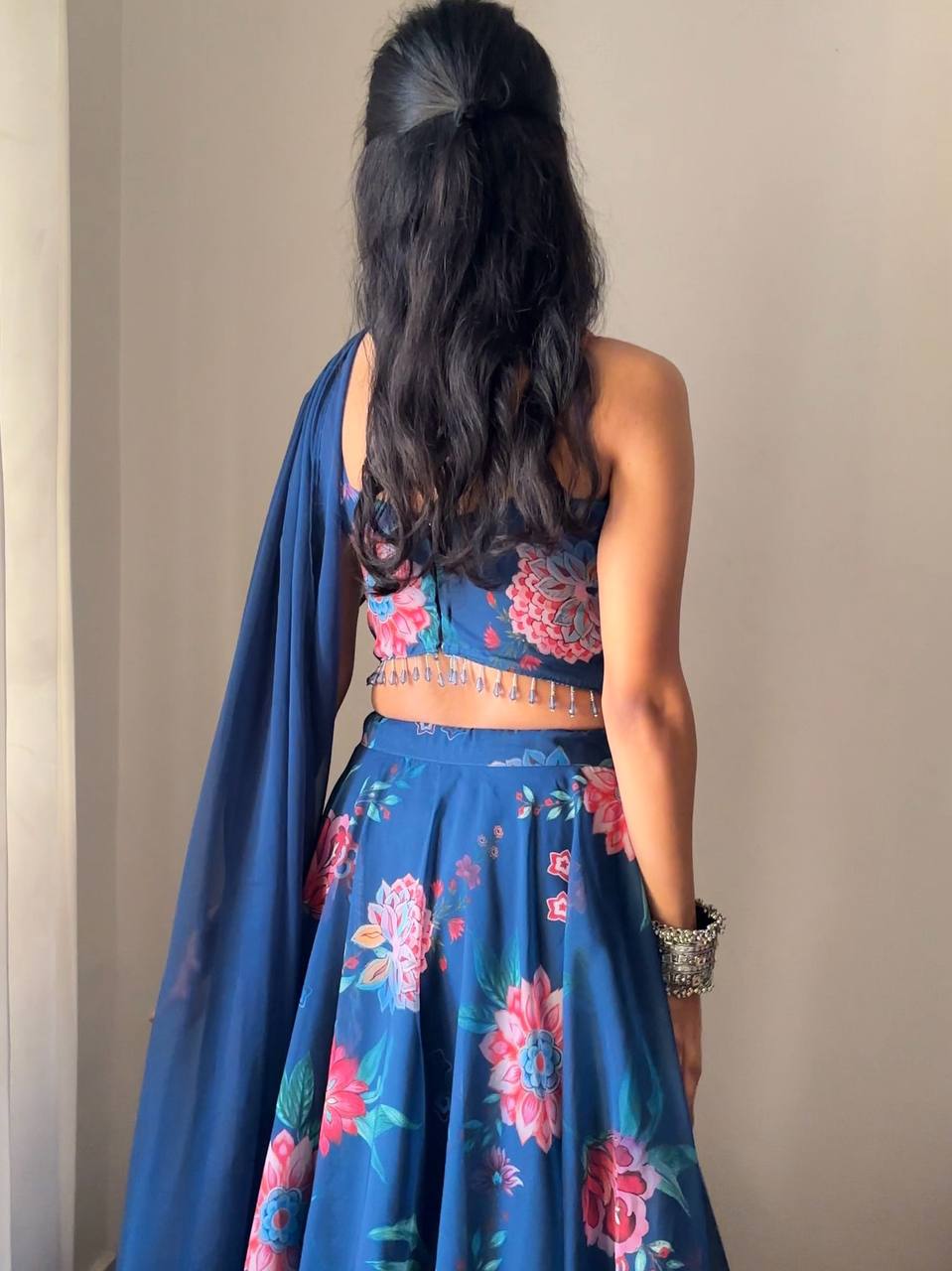 Blue Elegant Floral Draped Lehenga Set