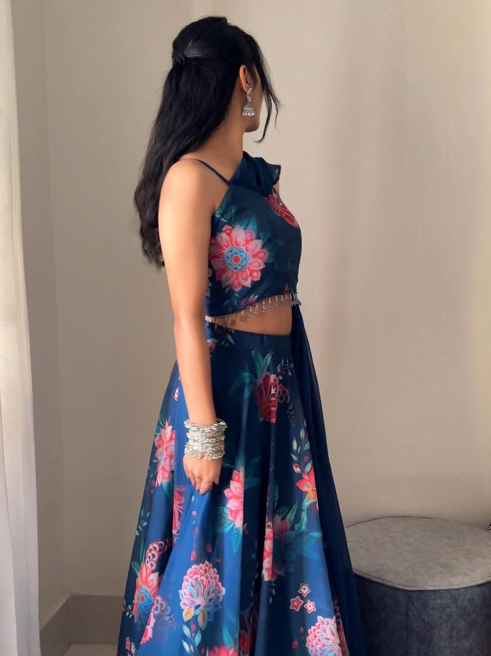 Blue Elegant Floral Draped Lehenga Set