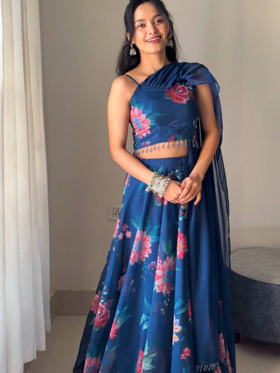 Blue Elegant Floral Draped Lehenga Set