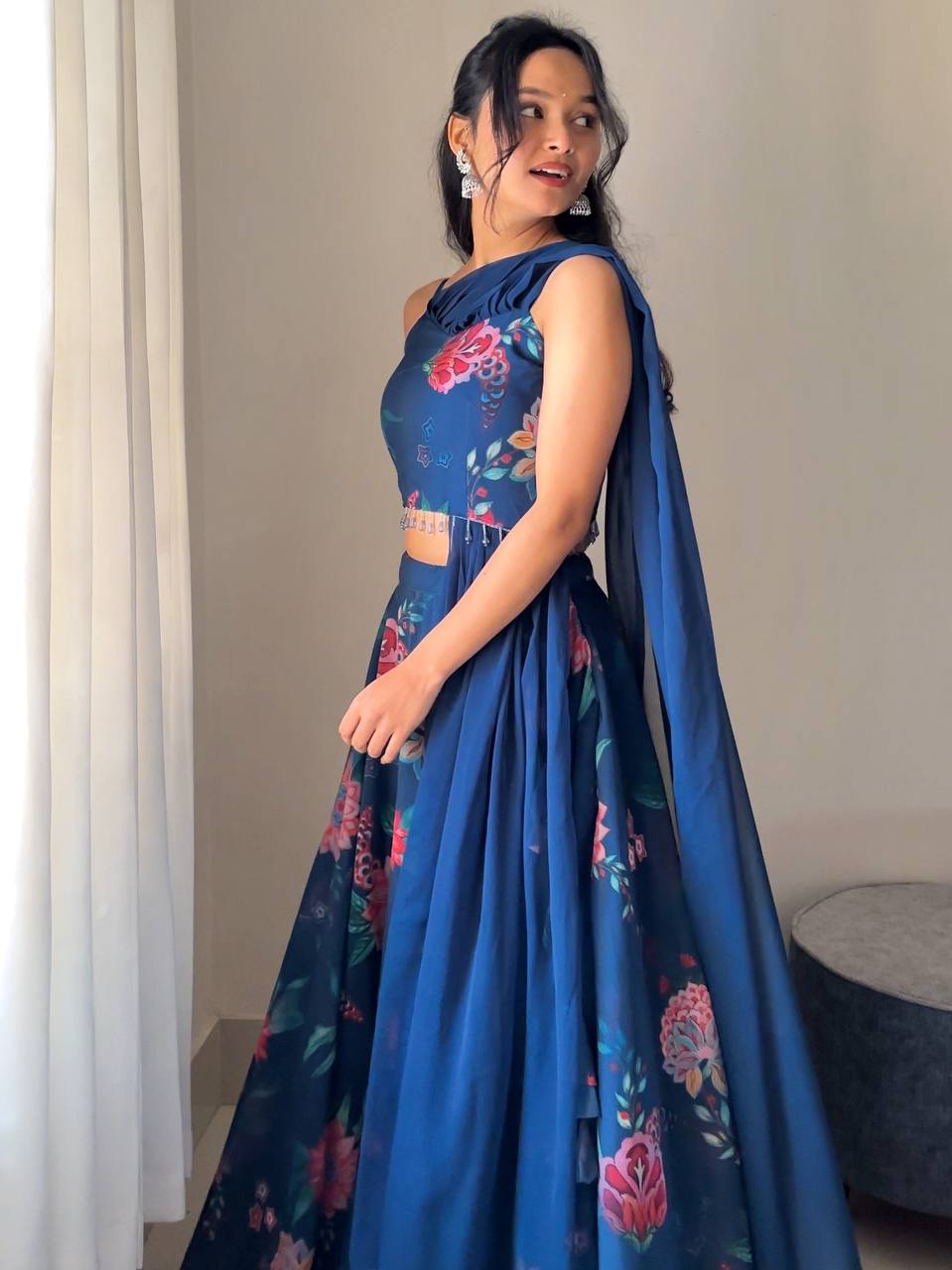 Blue Elegant Floral Draped Lehenga Set