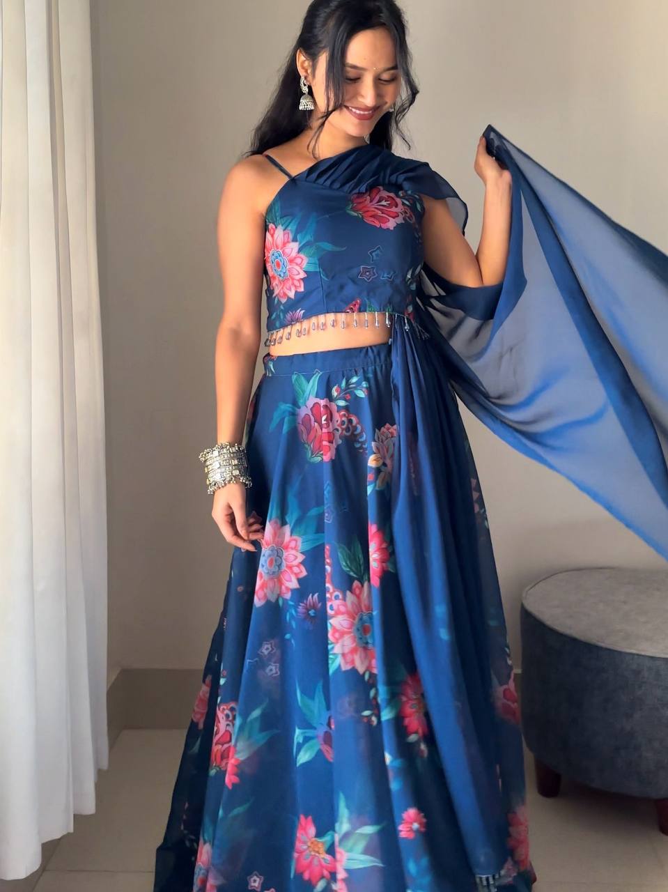 Blue Elegant Floral Draped Lehenga Set