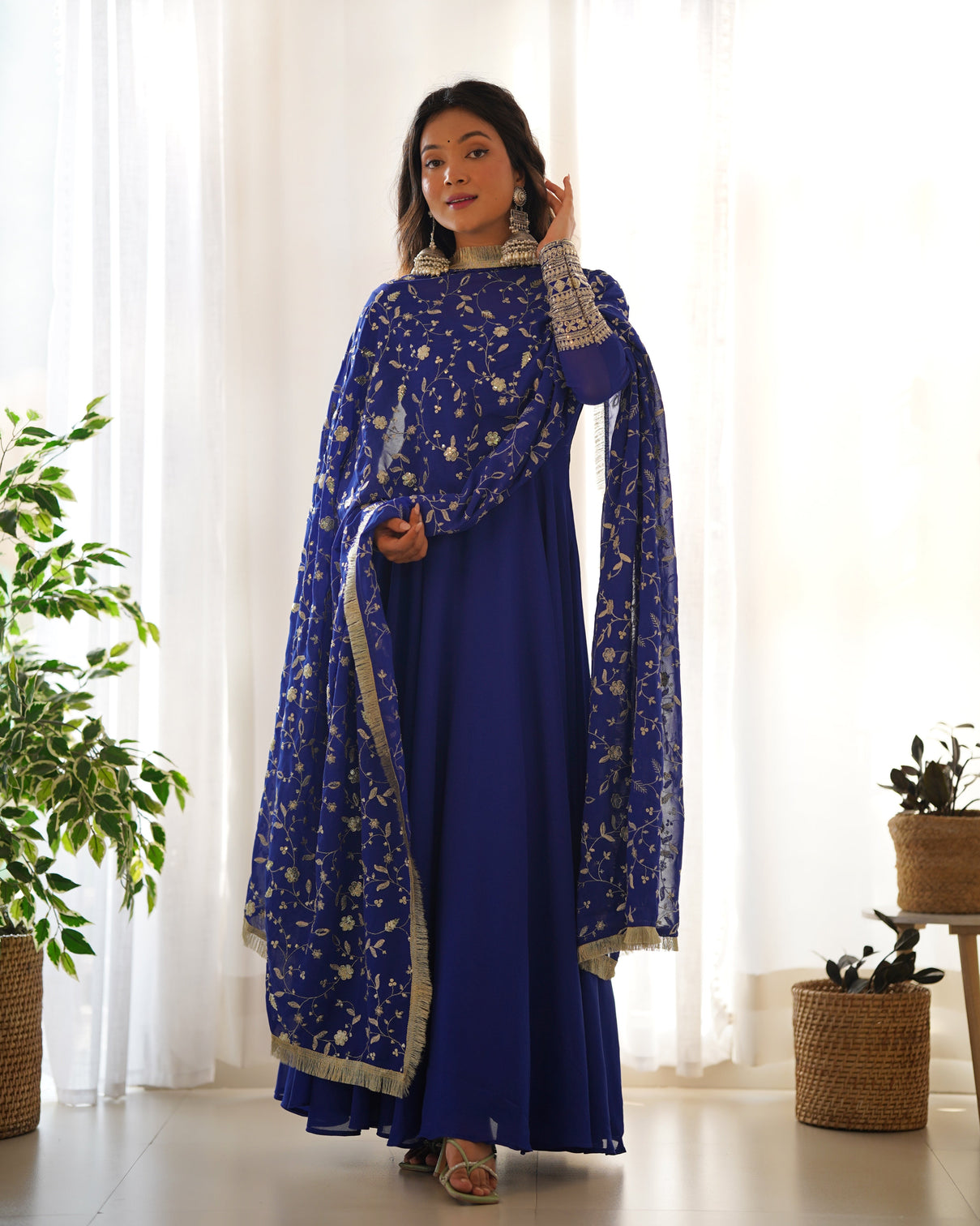 Blue Elegant Georgette Anarkali Gown Set For Festive And Wedding Ready