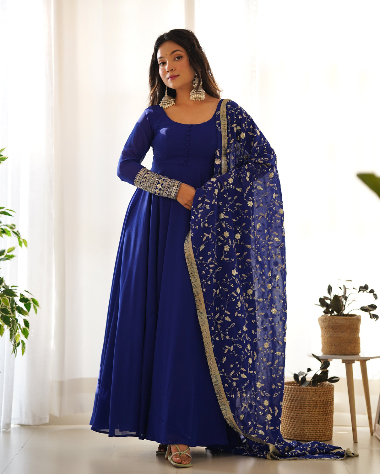 Blue Elegant Georgette Anarkali Gown Set For Festive And Wedding Ready