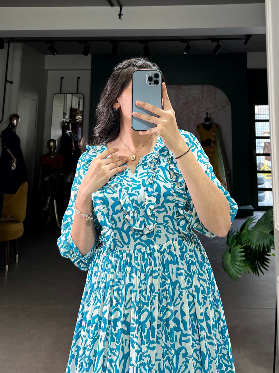 Blue Elegant Georgette Printed Frock – Stitched & Comfortable