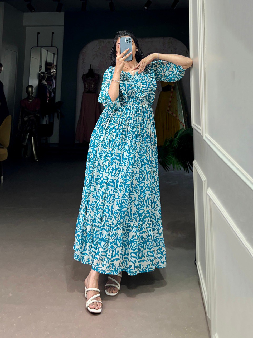 Blue Elegant Georgette Printed Frock – Stitched & Comfortable