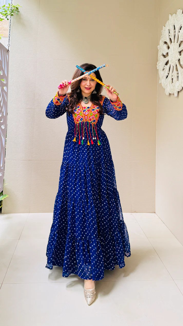 Blue Elegant Georgette Ruffle Gown with Mill Print, Chain Stitch Embroidery & Mirror Work –Fully Stitched