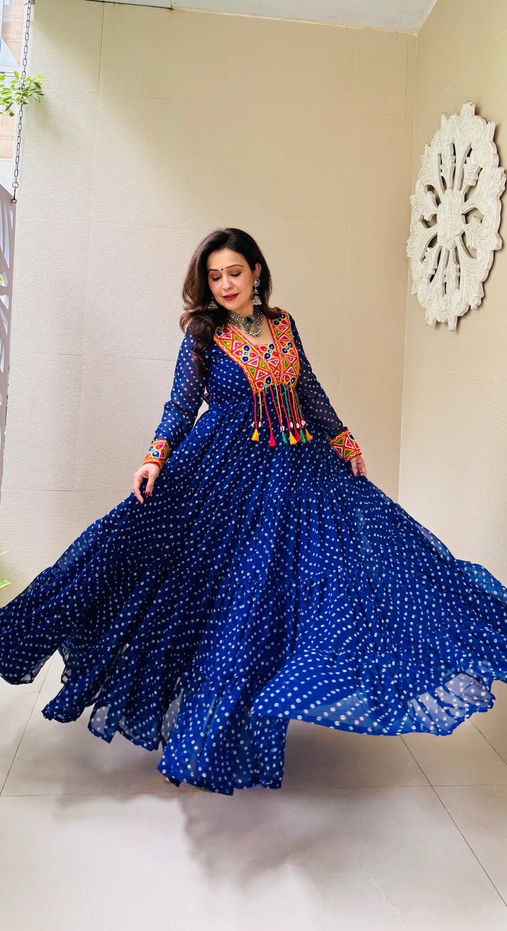 Blue Elegant Georgette Ruffle Gown with Mill Print, Chain Stitch Embroidery & Mirror Work –Fully Stitched